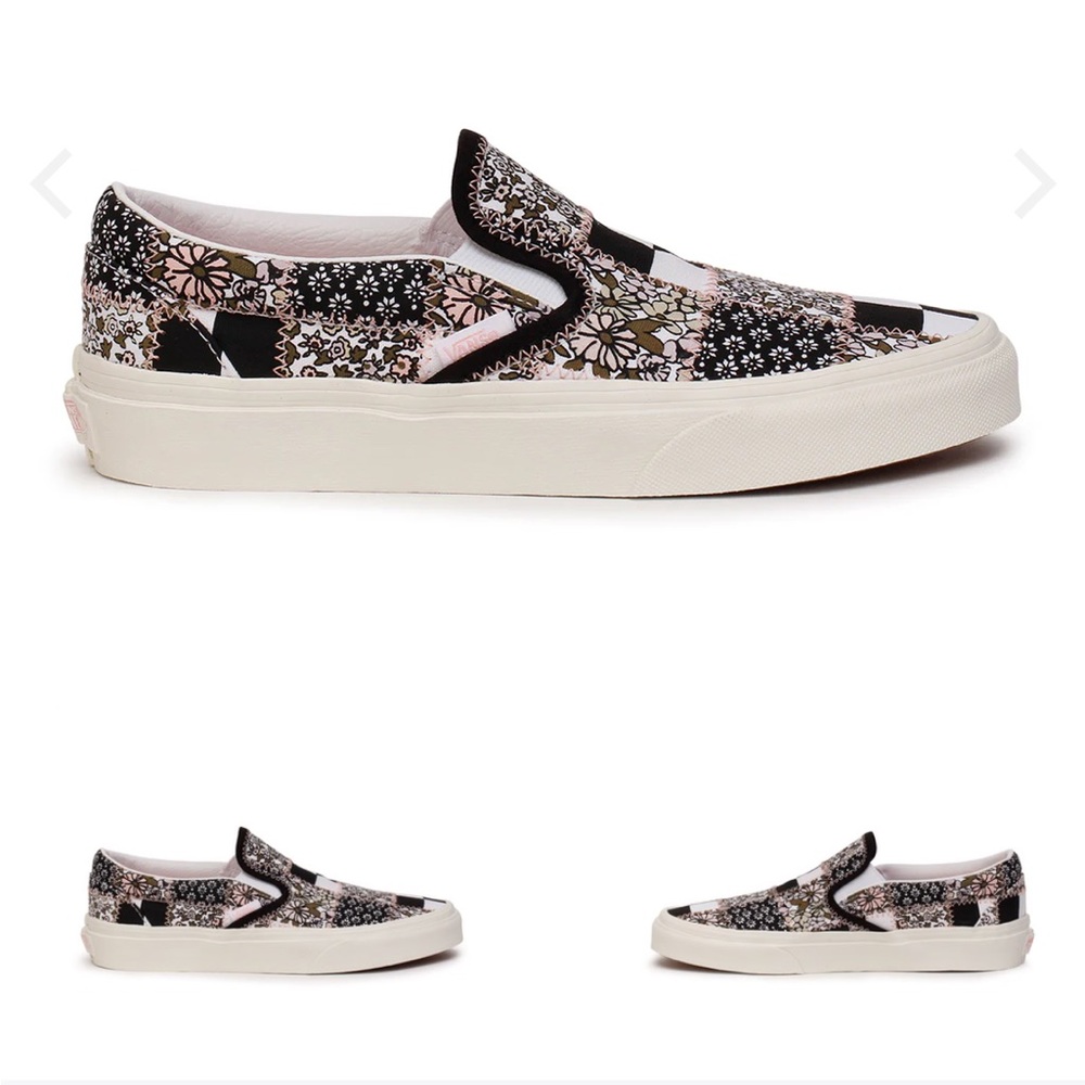 Vans Slip-On Floral Patchwork Sneakers in Black and Pink